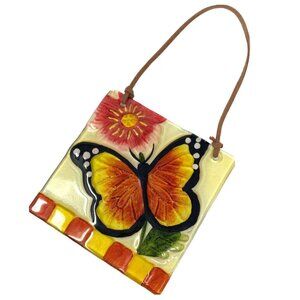Butterfly Reverse Painted Sun Catcher Glass Tile Wall Decor Floral Orange Yellow